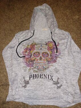 SWEET GISELE Phoenix Skull Graphic Hoodie Gray Bling Long Sleeve MD